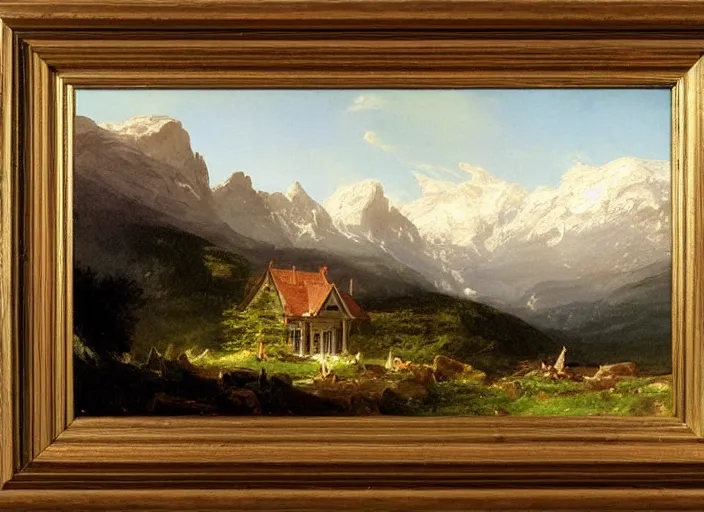 Image similar to painting of a william krisel house in front of mountains by thomas cole