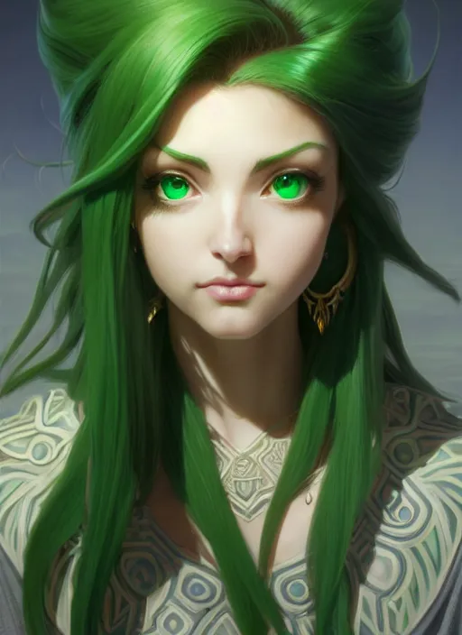 Prompt: portrait, from left, head and body, palutena, piercing green eyes, green hair, concept art, unreal engine, by rossdraws, frank franzzeta, intricate, masterpiece, elegant, hyper detailed, unreal engine rendered, concept art, smooth, sharp focus, illustration, art by artgerm and greg rutkowski and alphonse mucha and garis edelweiss