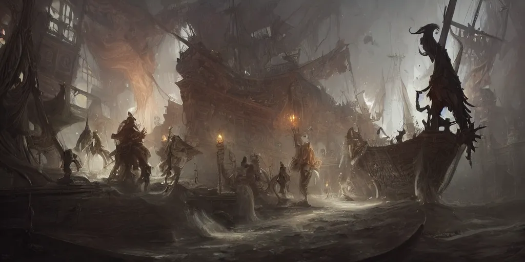 Image similar to D&D fighting ghosts specters spirits inside ship lower deck, intricate, fantasy magic, highly detailed, digital painting, artstation, concept art, smooth, sharp focus, great composition, illustration, wide angle shot, art by Greg Rutkowski, trending on artstation