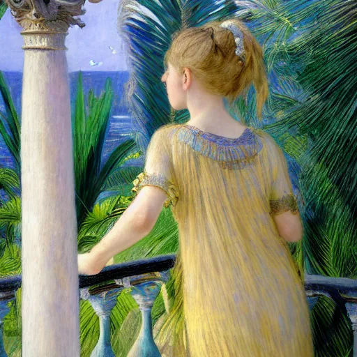 Image similar to a ultradetailed beautiful painting of a girl in the amazonas palace balustrade designed by jules bastien - lepage, hans belmer, frank weston and gustave baumann, beach, trending on artstation, mediterranean, palm trees, refracted color sparkles, sharp focus, soft light, 8 k 4 k