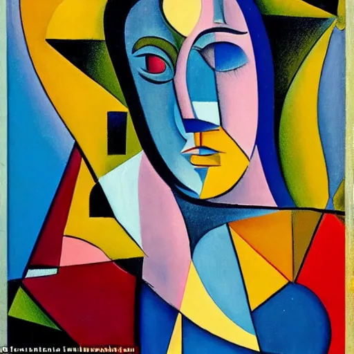 Image similar to The woman in glorious robes rose up vast as the skies , old as the mountains and formless as starlight, abstract art in the style of cubism