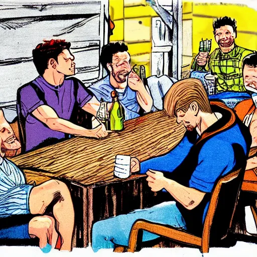 Image similar to a group of friends drinking beer, comic art, highly detailed, colorful