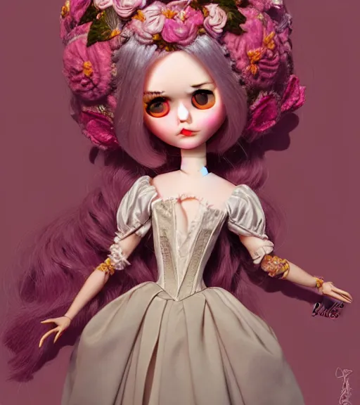Image similar to portrait of a blythe doll in baroque dress design inspired by flower for fantasy world queen by atey ghailan, by greg rutkowski, by greg tocchini, by james gilleard, by joe fenton, by kaethe butcher, dynamic lighting
