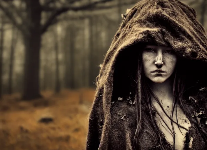 Prompt: character and environment photography, portrait 2 0 - year - old dark fantasy female druid, tattered hood and robe, infested bear standing, medium shot, wide angle, 2 0 0 px, low key