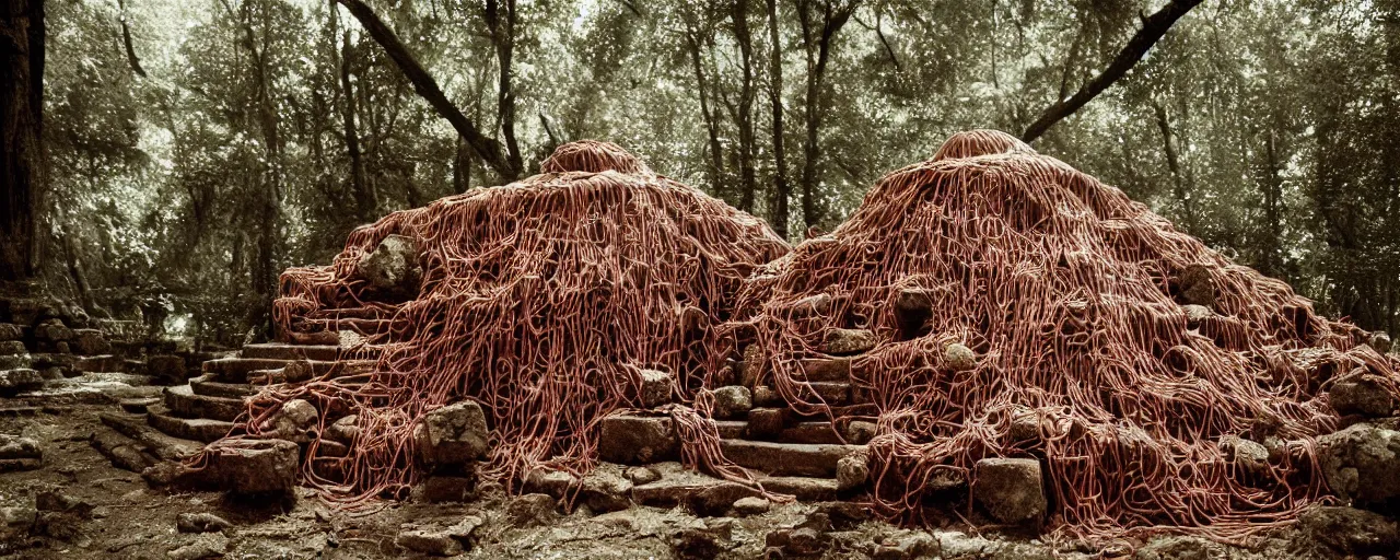 Prompt: an ancient aztec temple in the middle of the forest covered in spaghetti and meatballs, with parmesan cheese, canon 5 0 mm, cinematic lighting, photography, retro, film, kodachrome