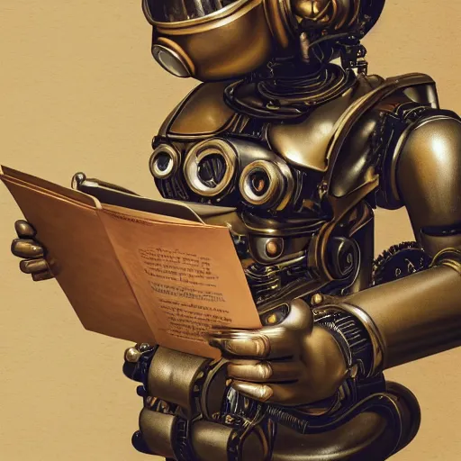 Prompt: a beautiful intricate fine art portrait photo of a happy mechanical industrial steampunk robot reading a letter of admission held in hands, by anna dittman and zach sutton, eyes glowing, happiness!, perfection!, studio lighting, golden ratio composition, 50mm lens, bionic, cybernetic scifi, deep depth of field, artstation, 8K