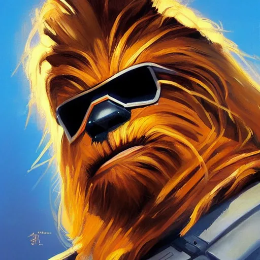 Image similar to greg manchess portrait painting of chewbacca as overwatch character, medium shot, asymmetrical, profile picture, organic painting, sunny day, matte painting, bold shapes, hard edges, street art, trending on artstation, by huang guangjian and gil elvgren and sachin teng