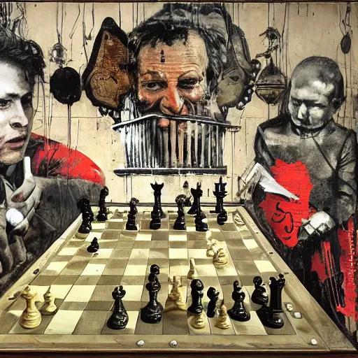 Image similar to chess alegory of rich against poor, marxism, by karol bak, banksy, simon bisley, guy denning, mimmo rotella, ravi zupa