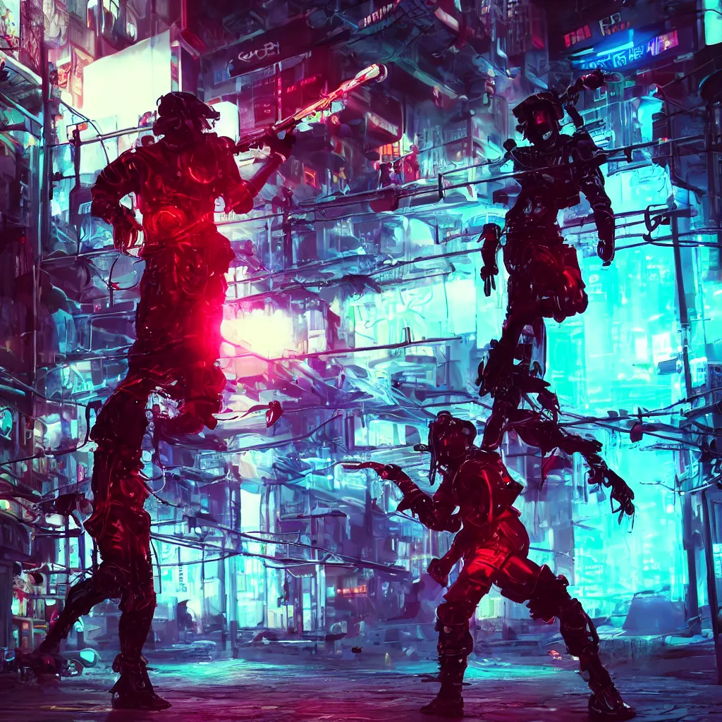 Image similar to sci-fi cyberpunk street samurai neon lights, fighter pose, inside fight cage, realistic, 8k, full body, katana, baggy clothes