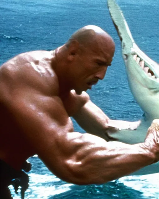 Image similar to film still close up shot of dwayne johnson fighting with a shark in the movie jaws. photographic, photography