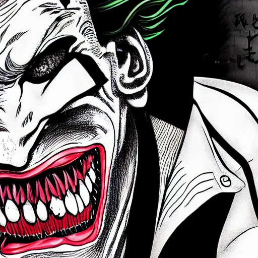 Image similar to The Joker portrait in the style of Junji Ito. Manga. Gothic. Horror. Extremely detailed. 4K.