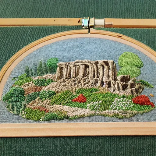 Prompt: a high quality handmade embroidery of the ruins at vindolanda. hand stitching