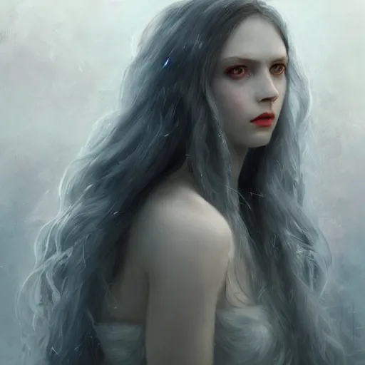 Prompt: a portrait of a ice queen with long dark curly hair and red eyes, stoic, pale skin, alone dramatic, epic painting, painted by wlop, cgsociety, beautiful, semirealism, artbreeder, artstation, octane render, sharpness, 8 k, golden ratio