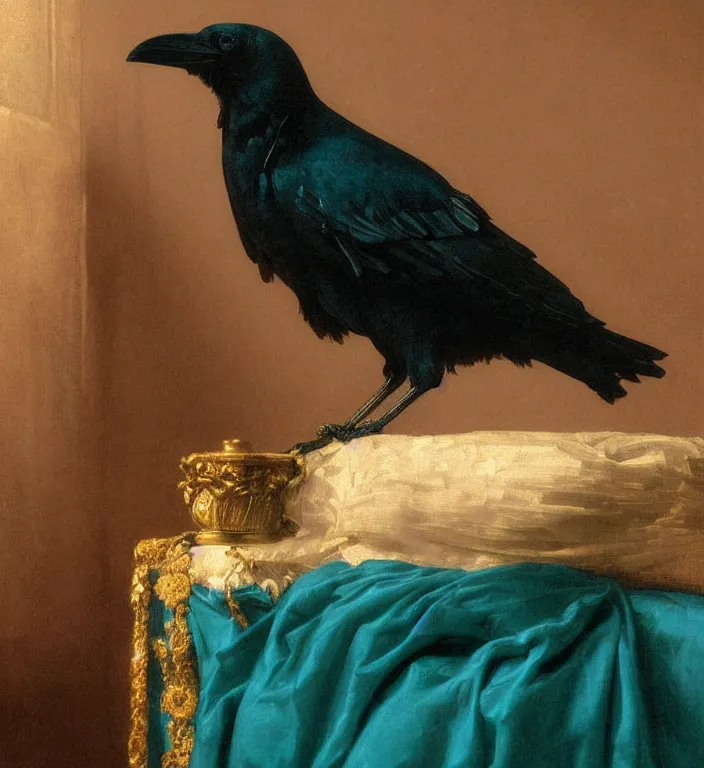 Prompt: a beautifully photoreal clear detailed victorian portrait of a close up raven on a victorian windowsill with an ornate velvet dark teal curtain at beautiful sunset daytime nature sunlit painting by frederic leighton and turner and rosetti, 8 k, octane render