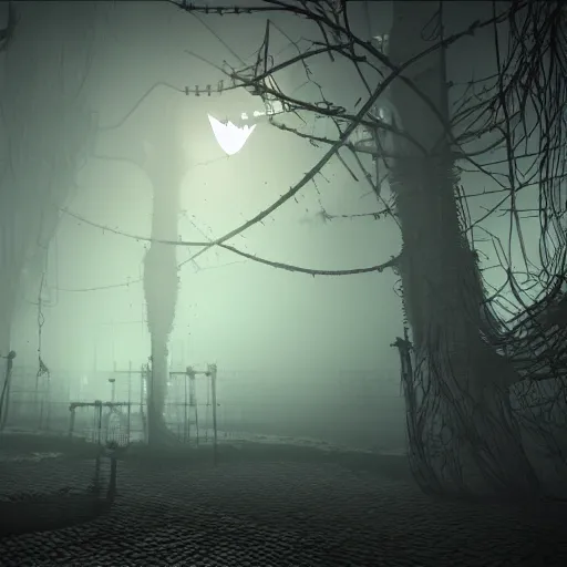 Prompt: gothic, horror environment, cyber, mechanical spiders, foggy, volumetric lighting