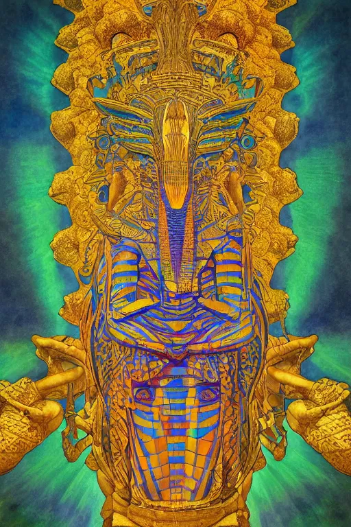 Image similar to beautiful egyptian crocodile headed god by maxfield parrish, mandala, coherent design, symmetrical, vivid colors, digital watercolor ink illustration painting, complementary color, golden ratio, detailed, sharp lines, sharp focus, intricate, rainbowshift, artgerm, gustave dore, alphonse mucha, octane render