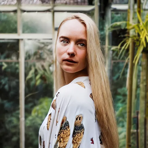 Prompt: head to shoulder portrait photograph of an elegant blond woman wearing a yellow kimono with a very detailed barn owl on her shoulder!!! in a tropical greenhouse. looking at the camera!!. super resolution. 85 mm f1.8 lens.bokeh. graflex. by Alessio albi !