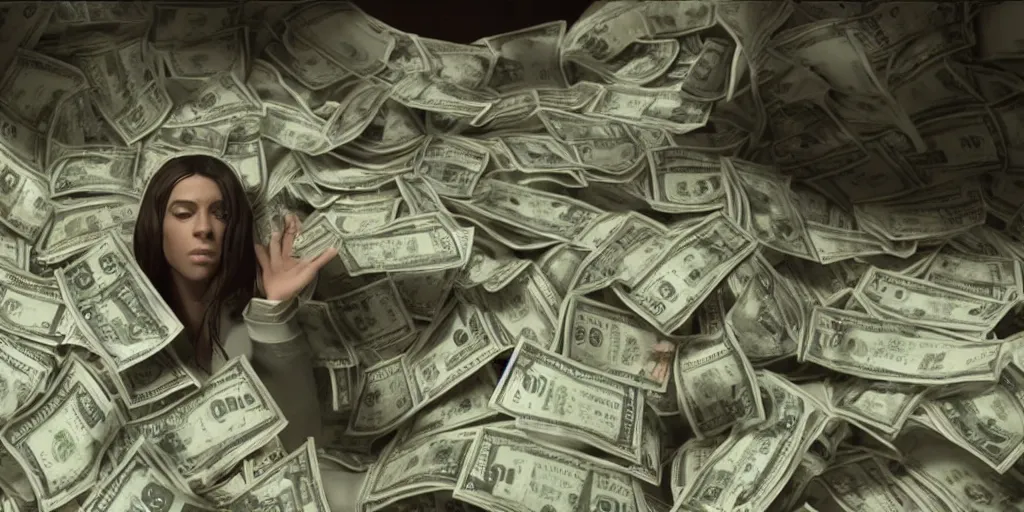 Image similar to a film still of cash money piling up in a vault, shallow depth of field, cinematic, award winning cgi, vfx, film still cfg _ scale : 1 1. 0