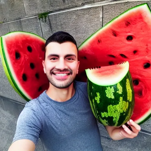 Prompt: photo of young man take selfie behind giant watermelon, the watermelon is size larger than house , the background is new York street, realistic
