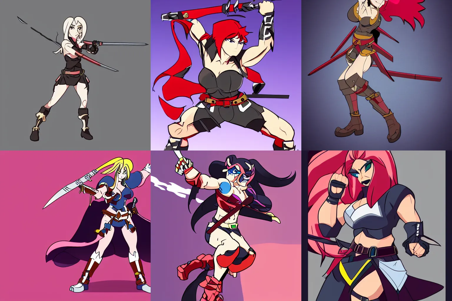 Prompt: badass female warrior, action pose, animation, cel shading, art by studio trigger.