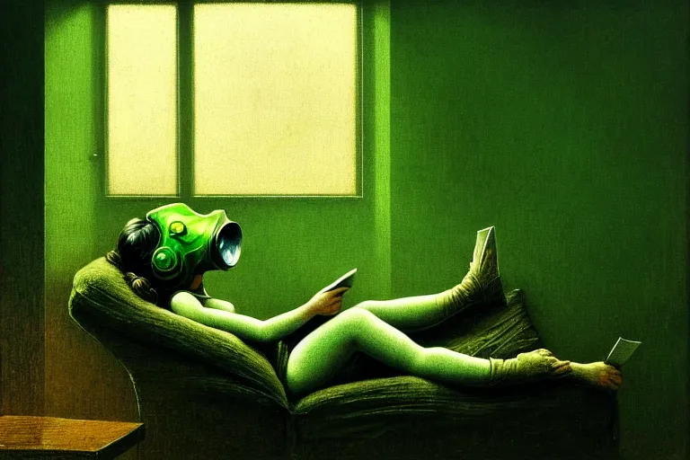 Image similar to girl with wearing a gas mask lying on the sofa reading a book in her room, in the style of beksinski, futuristic, naturecore, atmospheric, intricate and epic composition, green by caravaggio, insanely quality, highly detailed, masterpiece, white light, artstation, 4 k
