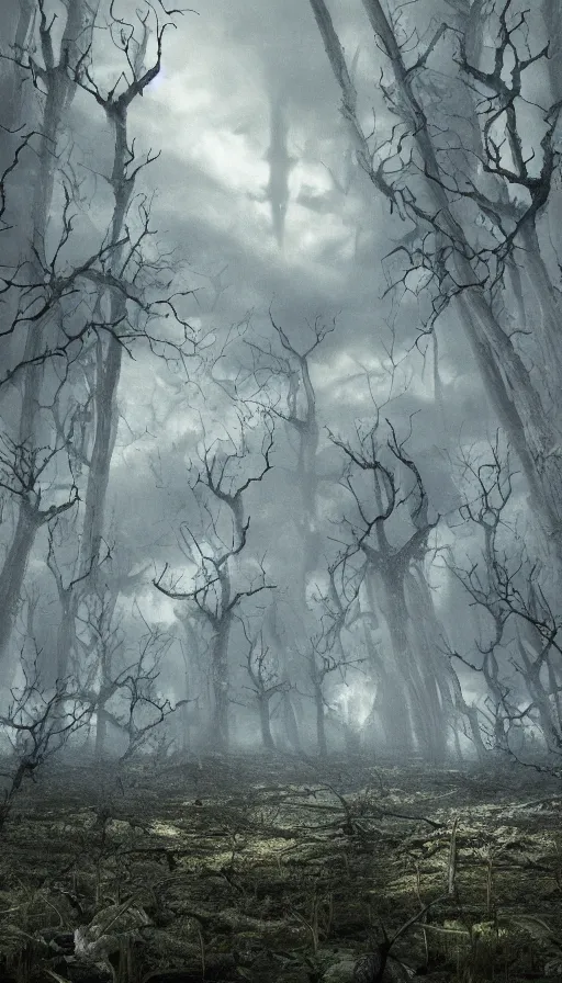 Image similar to a storm vortex made of many demonic eyes and teeth over a forest, with vray