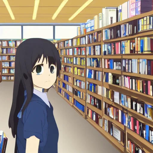 Prompt: At the end of the world, a high school girl browsing in a bookstore, Makoto Shinkai style