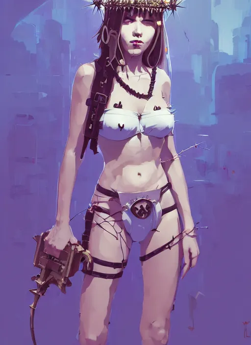 Image similar to portrait of cute maiden girl with crown of thorns and white short hairs, dressed in belts bikini, warhammer, cyberpunk, by atey ghailan, by greg rutkowski, by greg tocchini, by james gilleard, by joe gb fenton, by kaethe butcher, dynamic lighting, gradient light blue, brown, blonde cream and white color in scheme, grunge aesthetic