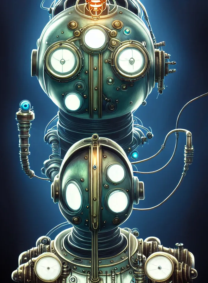 Image similar to symmetry!! portrait of a steampunk robot from bioshock, vintage, iridescent white metal!! underwater atmosphere, intricate, serene, highly detailed, digital painting, artstation, symmetric concept art, smooth, sharp focus, illustration, art by artgerm and greg rutkowski and alphonse mucha, 8 k