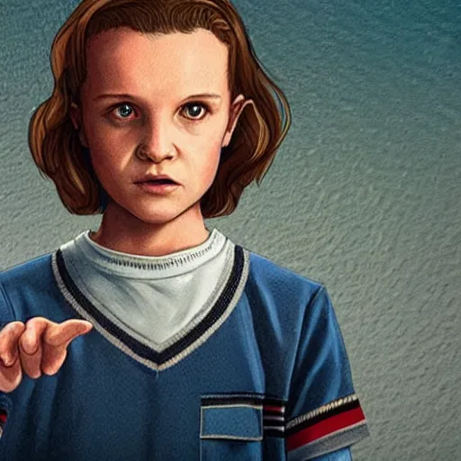 Image similar to Concept art, Eleven from 'Stranger Things' Season 3 (2019), with long hair, conjuring a magical miniature sun in her hand