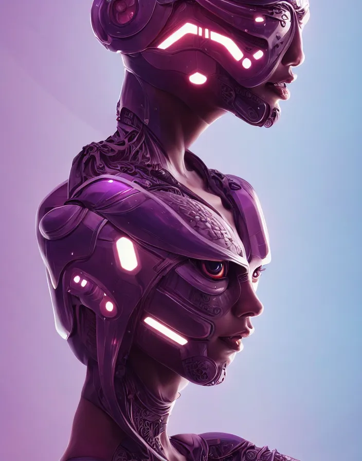 Image similar to beautiful portrait of friendly attractive alien cyborg, style of Feng Zhu, Artstation geometric, aesthetic, smooth skin, unique features, symmetrical, intricate crown, high fashion, streetwear, cyberpunk, detailed, octane render, cinematic, 8k, purple skin, brown skin