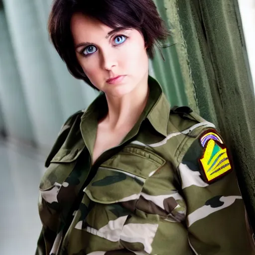 Image similar to brunette woman, short messy hair, black military uniform, bright green eyes