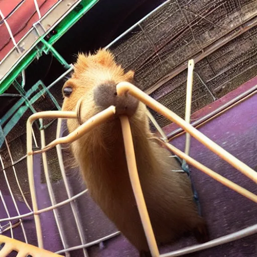 Image similar to a capybara riding a roller coaster