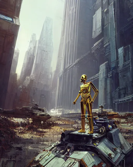 Image similar to portrait of a rusty old star wars C3PO robot Overgrown New York City, post apocalyptic, abandoned, digital art, 4k, high quality render, unreal engine, trending on artstation, syd mead, Ralph McQuarrie, craig mullins,