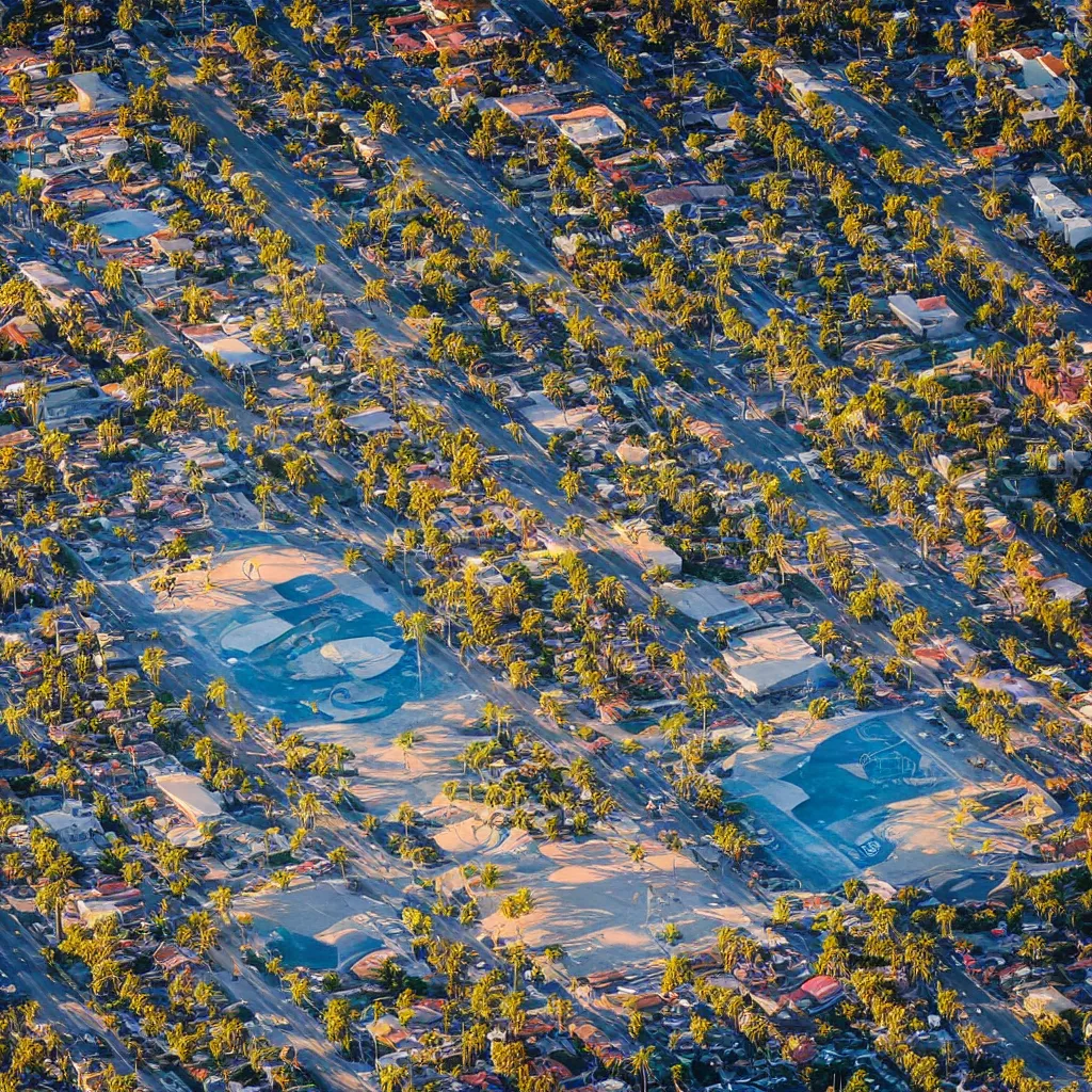 Image similar to “A ariel view photo of the venice beach skate park at sunset, national geographic photo, majestic”