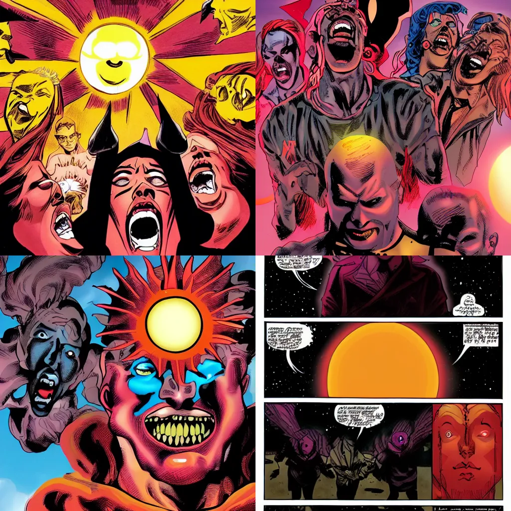 Prompt: A sky full of faces and a sun all screaming in agony. reddish pink colored. DC Comics. Mutliversity. Grant Morrison.