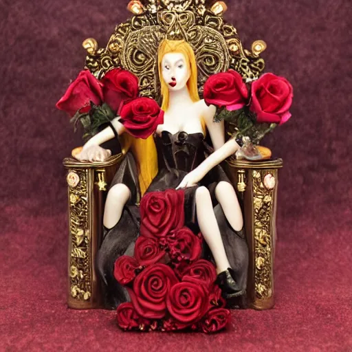 Image similar to vampire queen on treasure throne with roses and holes and gemstones