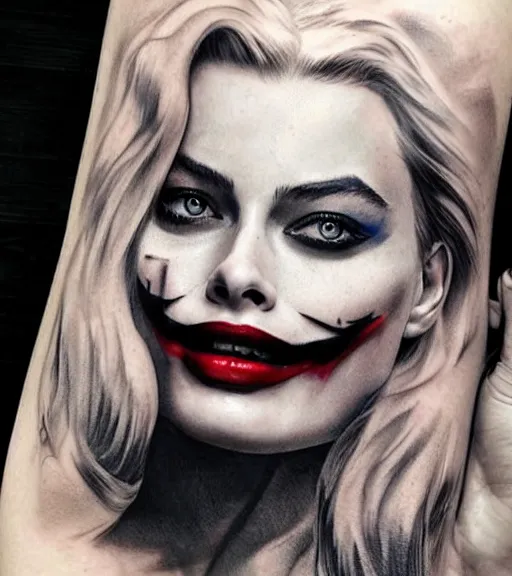 Image similar to tattoo design sketch of beautiful margot robbie portrait with joker makeup, in the style of den yakovlev, realistic face, black and white, realism tattoo, hyper realistic, highly detailed