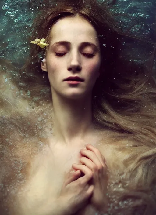 Image similar to Kodak Portra 400, 8K, soft light, volumetric lighting, highly detailed, britt marling style 3/4 by Martin Stranka , extreme Close-up portrait photography of a beautiful woman how pre-Raphaelites with her eyes closed,inspired by Ophelia by Martin Stranka, the face emerges from water of Pamukkale, underwater face, hair are intricate with highly detailed realistic beautiful brunches and flowers like crown, Realistic, Refined, Highly Detailed, soft blur background, outdoor soft pastel lighting colors scheme, outdoor fine art photography, Hyper realistic, photo realistic