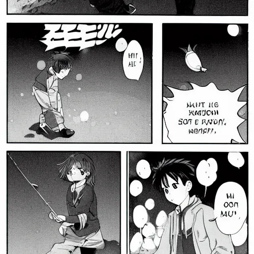 Image similar to an pure visual hq manga showing a boy going to fish for the first time