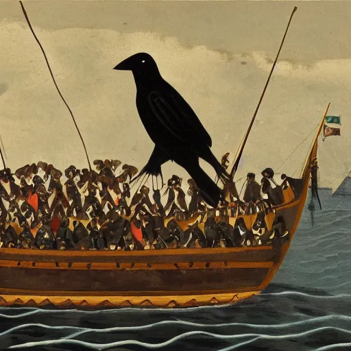 Image similar to a black bird standing at the helm of a wooden rowboat filled with people sailing towards a ancient sailboat