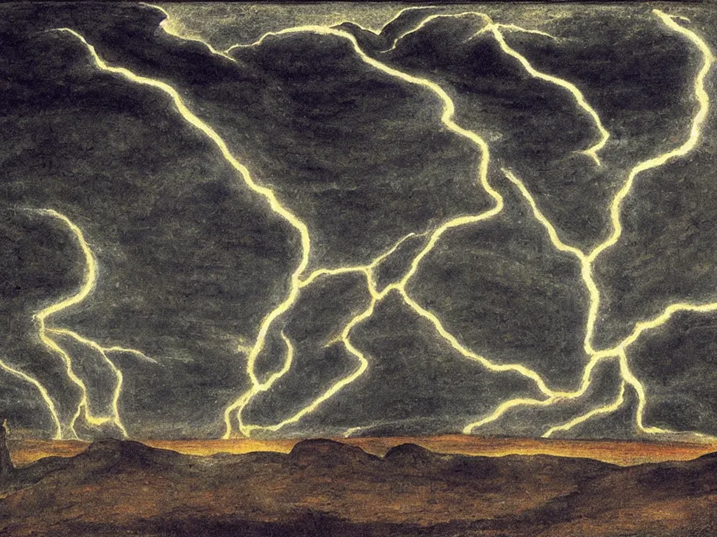 Prompt: Lightning striking the ground, making a forest of light. Hardened lava fields as far you can see. Cosmic melancholy, lunar. Painting by William Blake, Alfred Kubin