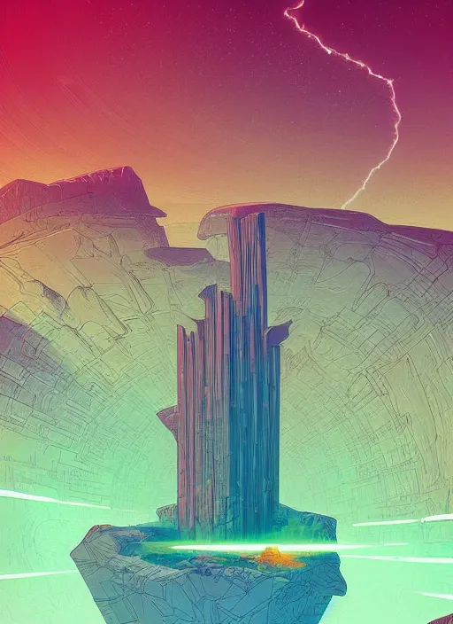 Prompt: cartoon of a desert landscape with a huge monolith in the shape of a tesseract in the background, digital art by kilian eng, cgsociety, afrofuturism, tesseract, sci - fi, future tech