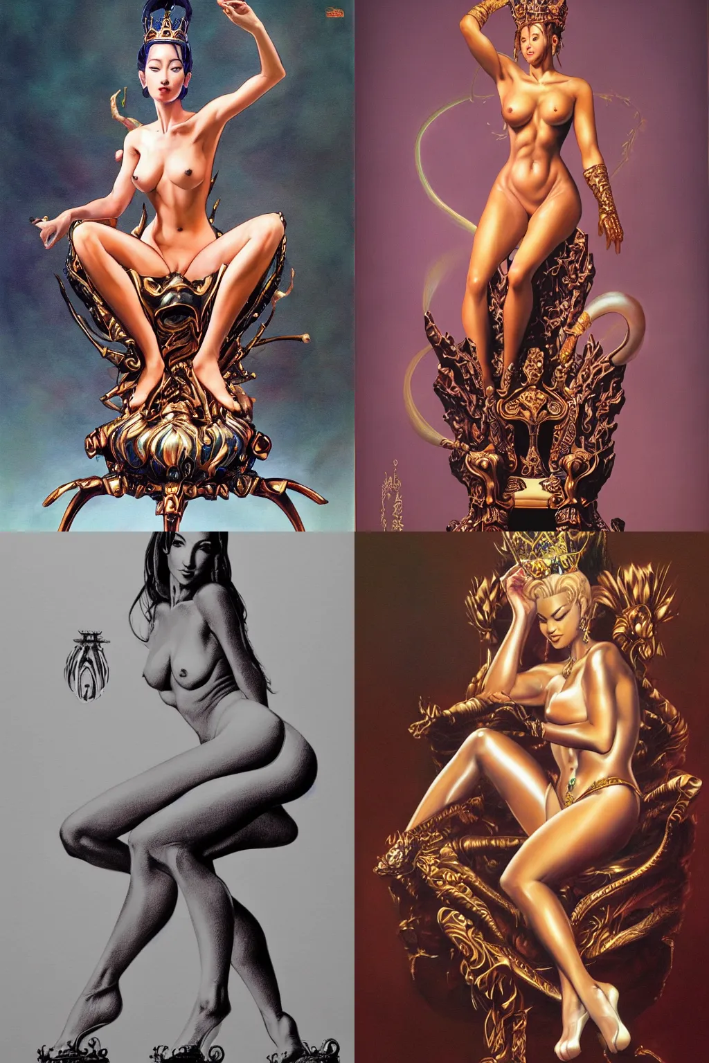 Prompt: an amazing airbrush painting of a beautiful queen with nice forms, seated legs spread over a crafted throne in a fantasy scenery, by hajime sorayama, boris _ vallejo and nobuyoshi araki, photorealistic, coherent, sensual, trending on artstation,