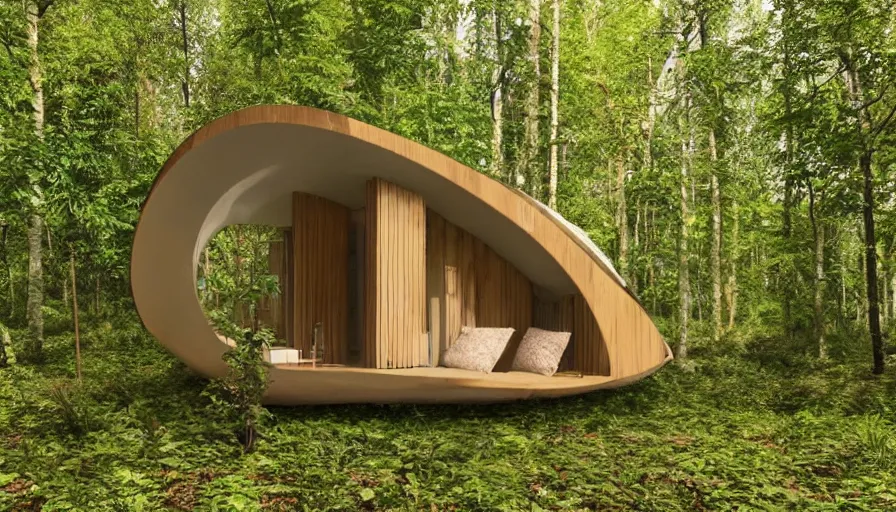 Image similar to A unique innovative and creative eco community of small affordable and contemporary creative cabins in a lush green forest with soft rounded corners and angles, 3D printed line texture, made of cement, connected by sidewalks, public space, and a park, Design and style by Zaha Hadid, Wes Anderson and Gucci