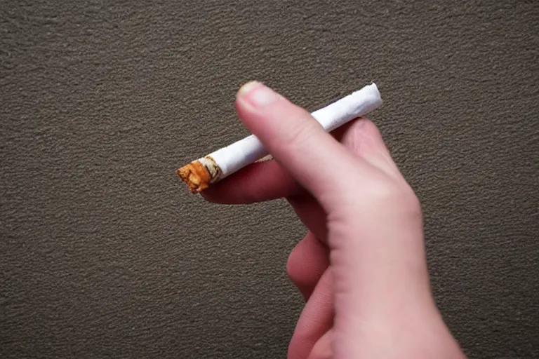 Image similar to Close-up of cigarette in five fingers, thin soft hand holding cigarette, hyper realistic, natural