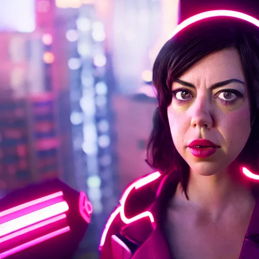 Image similar to hyper detailed, ultra sharp focus photo of aubrey plaza dressed as judy alvarez, cyberpunk, unreal engine, studio lighting, 8 k, dslr, 8 5 mm f / 1. 8 by sam shaw