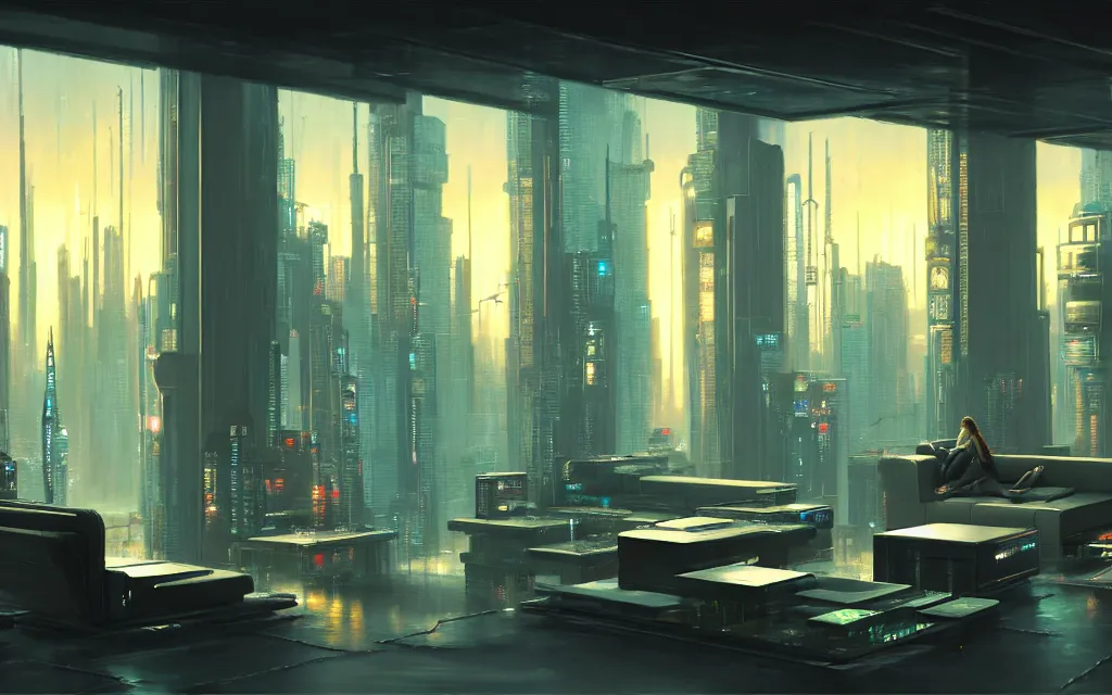 Image similar to cyberpunk loft lounge with tall windows, no people, city in background, drawn by feng zhu, sparse plants, dim painterly lighting volumetric aquatics, impasto