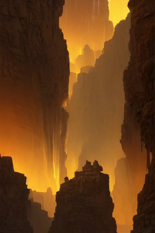 Prompt: ancient temple glowing yellow in a canyon, light streaks in the sky, dramatic lighting, artstation, matte painting, ralph mcquarrie, simon stalenhag
