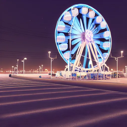 Image similar to one ferris wheel at night in an empty parking lot, hyperrealistic, concept art, octane render, unreal engine 5, trending on artstation, high quality, highly detailed, 8 k hdr, soft lighting, path traced, starry background, bloom, high coherence, symmetrical, high contrast, digital art, serene landscape, cinematic